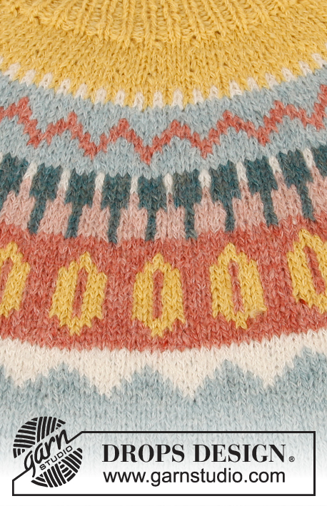 Retro beauty / DROPS 210-6 - Knitted jumper with round yoke in DROPS Sky. The piece is worked top down with multi-coloured pattern. Sizes S - XXXL.