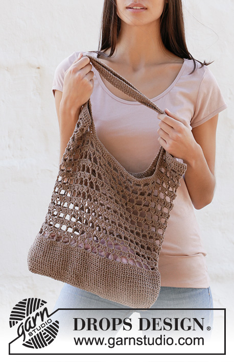 Eco Tote / DROPS 211-28 - DROPS Bomull-Lin või DROPS Paris lõngast heegeldatud pitsmustriga ja ühekordsete sammastega suur kott
