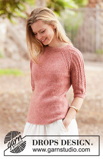 Evening Glow / DROPS 212-1 - Knitted jumper in DROPS Sky. Piece is knitted top down with raglan and short sleeves with lace pattern. Size: S - XXXL