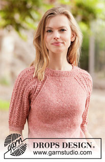 Evening Glow / DROPS 212-1 - Knitted jumper in DROPS Sky. Piece is knitted top down with raglan and short sleeves with lace pattern. Size: S - XXXL