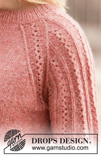 Evening Glow / DROPS 212-1 - Knitted jumper in DROPS Sky. Piece is knitted top down with raglan and short sleeves with lace pattern. Size: S - XXXL