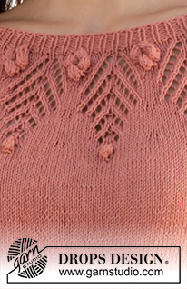 Copper Rose / DROPS 212-10 - Gestrickter Pullover in DROPS Safran. Die Arbeit wird von oben nach unten mit Rundpasse, Raglan, Lochmuster an der Passe und ¾ langen Ärmeln gestrickt. Größe XS - XXL.