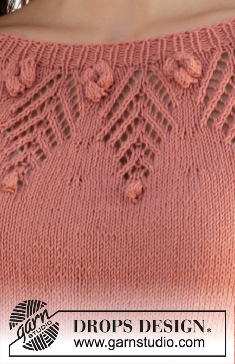 Copper Rose / DROPS 212-10 - Gestrickter Pullover in DROPS Safran. Die Arbeit wird von oben nach unten mit Rundpasse, Raglan, Lochmuster an der Passe und ¾ langen Ärmeln gestrickt. Größe XS - XXL.