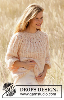 Summer Peach / DROPS 212-26 - Prjónuð peysa úr DROPS Air og DROPS Brushed Alpaca Silk. Stykkið er prjónað ofan frá og niður með klukkuprjóns lykkjum á berustykki og ¾ löngum ermum. Stærð XS - XXL.