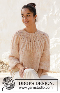 Summer Peach / DROPS 212-26 - Prjónuð peysa úr DROPS Air og DROPS Brushed Alpaca Silk. Stykkið er prjónað ofan frá og niður með klukkuprjóns lykkjum á berustykki og ¾ löngum ermum. Stærð XS - XXL.