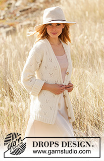 Dragonfly Wings Jacket / DROPS 212-27 - Knitted long jacket in DROPS Air. Piece is knitted with lace pattern, shawl collar and V-neck. Size: S - XXXL