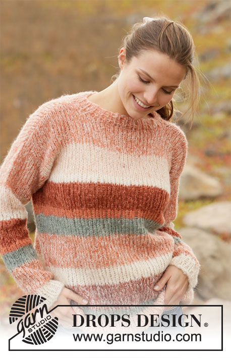 Sunset Stripes / DROPS 212-33 - Neulottu pusero 2-kertaisesta DROPS Brushed Alpaca Silk -langasta. Työssä on raitoja. Koot S-XXXL.