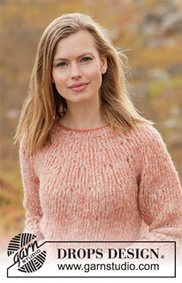 Frosted Foliage / DROPS 212-34 - Prjónuð peysa með hringlaga berustykki úr 2 þráðum DROPS Brushed Alpaca Silk.
Stykkið er prjónað ofan frá og niður. Stærð S - XXXL.