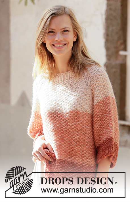 Sahara Sunrise / DROPS 212-36 - Stickad tröja med raglan i 2 trådar DROPS Brushed Alpaca Silk. Arbetet stickas uppifrån och ner med moss-stickning. Storlek XS - XXL.