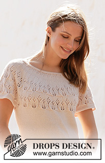 New Beginnings / DROPS 212-38 - Strikket top med taljesnit i DROPS Cotton Merino. Arbejdet strikkes med slids i siderne, korte ærmer og rundt bærestykke med hulmønster. Størrelse S - XXXL.