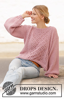 Seaside Watcher / DROPS 212-43 - Neulottu pusero DROPS Air-langasta. Työssä on pitsineuletta ja pussihihat. Koot XS - XXL.