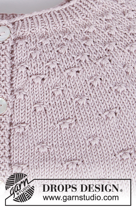 Dots and Drops Jacket / DROPS 213-10 - Prjónuð peysa úr DROPS Muskat. Stykkið er prjónað ofan frá og niður með hringlaga berustykki, hnútamynstri og ¾ löngum ermum. Stærð XS - XXL.