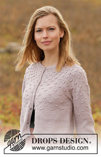 Dots and Drops Jacket / DROPS 213-10 - Prjónuð peysa úr DROPS Muskat. Stykkið er prjónað ofan frá og niður með hringlaga berustykki, hnútamynstri og ¾ löngum ermum. Stærð XS - XXL.