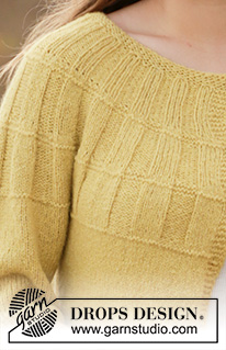 Mayan Sun Jacket / DROPS 213-12 - Kötött DROPS pulóver kerek vállrésszel DROPS Sky fonalból. A darabot fentről lefelé irányban készítjük, bordás mintával és kerek vállrésszel. Méret: S -XXXL