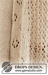 Free Flow / DROPS 213-18 - Strikket lang jakke med sjalskrave i DROPS Bomull-Lin eller DROPS Paris. Arbejdet strikkes med hulmønster. Størrelse XS - XXL.