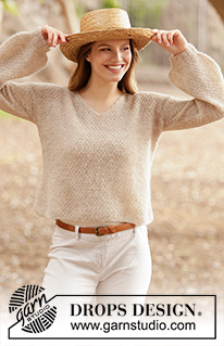 Oats and Honey / DROPS 213-20 - Gebreide trui met V-hals in DROPS Brushed Alpaca Silk. Het werk wordt gebreid met dubbele gerstekorrel en ballonmouwen. Maten XS - XXL.