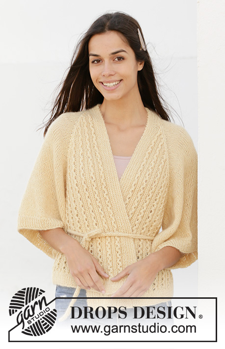 Summer Promise / DROPS 213-24 - Strikket omslagsjakke med raglan i DROPS BabyAlpaca Silk og DROPS Kid-Silk. Arbeidet strikkes med hullmønster og ¾ lange ermer. Størrelse S - XXXL.