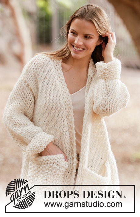 White Comfort Jacket / DROPS 213-29 - Knitted large jacket in DROPS Snow and DROPS Brushed Alpaca Silk. Knitted with deep V-neck and pockets. Size XS–XXL.