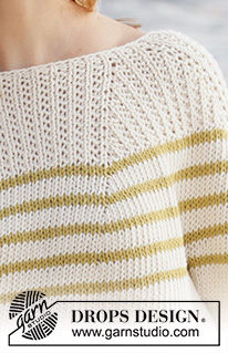 Breaking Sunlight / DROPS 213-36 - Knitted jumper with round yoke in DROPS Paris. The piece is worked top down with stripes and textured pattern. Sizes S - XXXL.