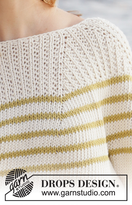Breaking Sunlight / DROPS 213-36 - Knitted jumper with round yoke in DROPS Paris. The piece is worked top down with stripes and textured pattern. Sizes S - XXXL.