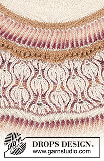 Nature Awakes / DROPS 213-5 - Sweter na drutach od góry do dołu z włóczek DROPS Alpaca i DROPS Delight, z zaokrąglonym karczkiem, dwukolorowym ściegiem angielskim, w paski i ze ściegiem ażurowym. Od S do XXXL.