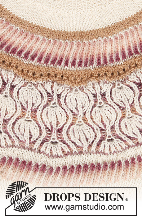 Nature Awakes / DROPS 213-5 - Sweter na drutach od góry do dołu z włóczek DROPS Alpaca i DROPS Delight, z zaokrąglonym karczkiem, dwukolorowym ściegiem angielskim, w paski i ze ściegiem ażurowym. Od S do XXXL.