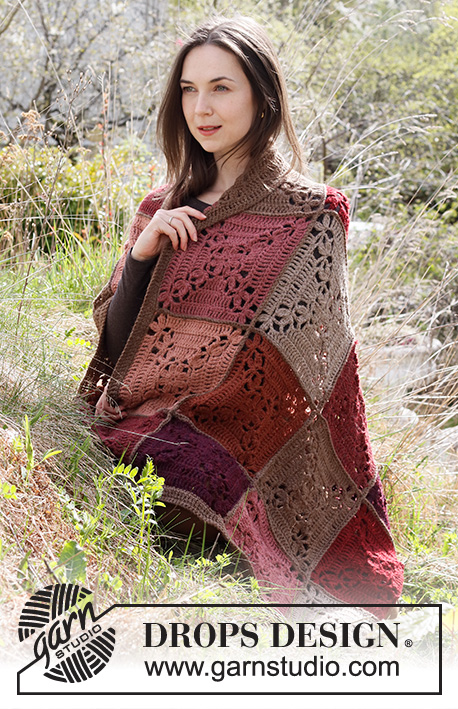 Sun Baked Tiles / DROPS 214-10 - Manta crochetada com 2 fios DROPS Alpaca, composta por quadrados.