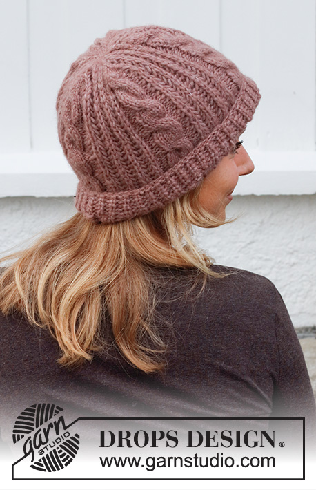 Rose Crush / DROPS 214-17 - Strikket hue med snoninger og helpatent i DROPS Air.