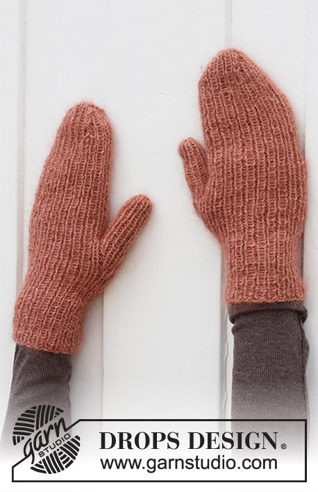 Blushing Fall / DROPS 214-2 - Knitted beanie / hipster hat and mittens in DROPS Alpaca and DROPS Kid-Silk. The piece is worked in rib.