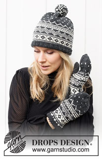 Winter's Night Enchantment Set / DROPS 214-50 - Knitted hat and mittens with Nordic pattern in DROPS Merino Extra Fine.