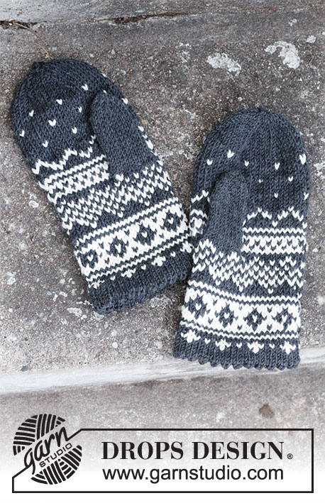 Winter's Night Enchantment Set / DROPS 214-50 - Knitted hat and mittens with Nordic pattern in DROPS Merino Extra Fine.