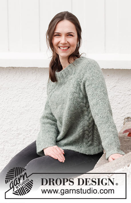 Climbing Ivy / DROPS 215-1 - Knitted jumper in DROPS Brushed Alpaca Silk. The piece is worked top down with raglan and cables. Sizes S - XXXL.