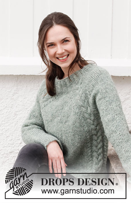Climbing Ivy / DROPS 215-1 - Knitted jumper in DROPS Brushed Alpaca Silk. The piece is worked top down with raglan and cables. Sizes S - XXXL.