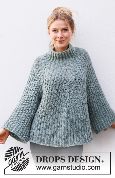 Dublin Winter Sweater / DROPS 215-12 - DROPS Air lõngast ülevalt alla kootud ümara passega ja raglaan varrukatega alt laienev patentkoes džemper suurustele XS kuni XXL