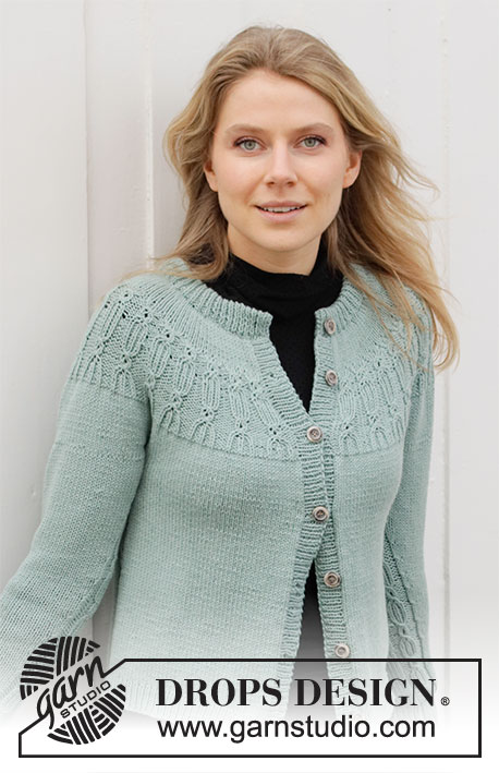 Wild Mint Cardigan / DROPS 215-15 - Knitted jacket in DROPS Karisma. The piece is worked top down with double neck, round yoke and textured pattern. Sizes S - XXXL.