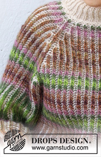 Metamorphosis / DROPS 215-22 - Ylhäältä alas neulottu pusero DROPS Air- ja DROPS Big Delight -langoista. Työssä on 2-väristä täyspatenttineuletta ja raglanlinjat. Koot S - XXXL.