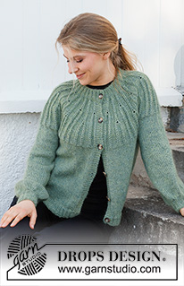 Forest Vines Jacket / DROPS 215-23 - Ylhäältä alas neulottu jakku DROPS Alpaca- ja DROPS Kid-Silk -langoista. Työssä on kaksinkertainen pääntien reunus ja kaarroke, jossa on kohoneuletta. Koot S-XXXL.