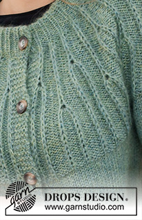 Forest Vines Jacket / DROPS 215-23 - Ylhäältä alas neulottu jakku DROPS Alpaca- ja DROPS Kid-Silk -langoista. Työssä on kaksinkertainen pääntien reunus ja kaarroke, jossa on kohoneuletta. Koot S-XXXL.