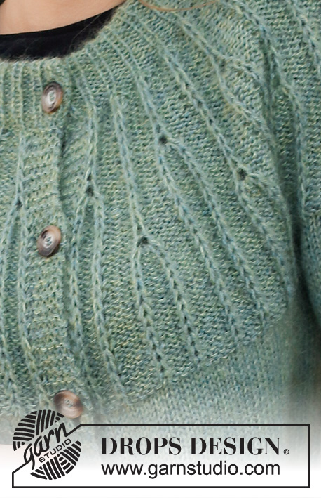 Forest Vines Jacket / DROPS 215-23 - Ylhäältä alas neulottu jakku DROPS Alpaca- ja DROPS Kid-Silk -langoista. Työssä on kaksinkertainen pääntien reunus ja kaarroke, jossa on kohoneuletta. Koot S-XXXL.