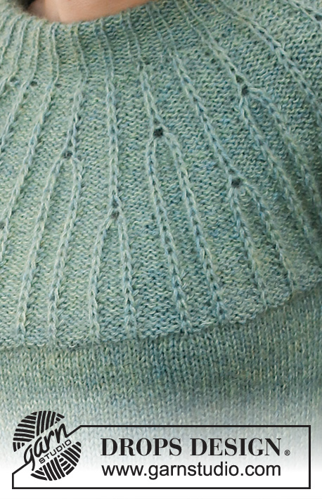 Forest Vines / DROPS 215-24 - Strikket bluse i DROPS Alpaca og DROPS Kid-Silk. Arbejdet strikkes oppefra og ned med dobbelt halskant, rundt bærestykke og strukturmønster på bærestykket. Størrelse S - XXXL.
