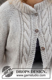 Herringbone Hill Jacket / DROPS 215-3 - DROPS Kid-Silk ja DROPS Sky lõngadest ülevalt alla kootud raglaan varrukatega palmikutega ja patentkoes silmustega kardigan suurustele S kuni XXXL