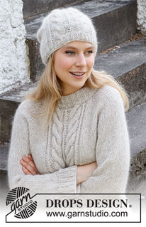 Herringbone Hill / DROPS 215-4 - Jersey a punto en DROPS Sky y DROPS Kid-Silk. La labor está realizada de arriba abajo con raglán, trenzas y puntos en punto inglés. Talla S - XXXL.
Gorro a punto en DROPS Sky y DROPS Kid-Silk, con trenzas y puntos en punto inglés.