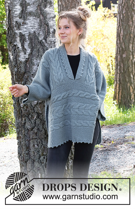 Indiekimono / DROPS 215-40 - Poncho a punto en DROPS Nepal. La labor está realizada con trenzas y punto arroz. Talla: S - XXXL