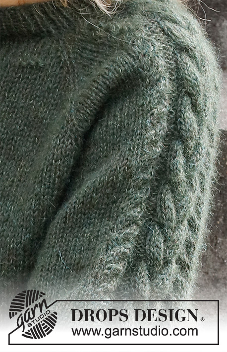Deep Woods Sweater / DROPS 215-5 - Knitted sweater in DROPS Alpaca and DROPS Kid-Silk. The piece is worked top down with raglan and cables on the sleeves. Sizes S - XXXL.