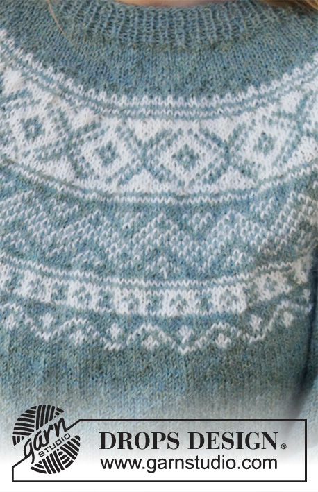 Scent of Pine / DROPS 215-8 - Pull tricoté de haut en bas en DROPS Alpaca, avec jacquard nordique sur l'empiècement arrondi et en bas des manches. Du S au XXXL.