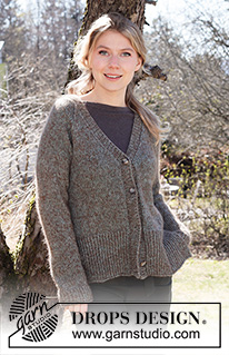 North Woods / DROPS 216-21 - Chaqueta de punto con raglán en DROPS Sky y DROPS Kid-Silk. La pieza está tejida con escote en V y abertura. Tallas: S – XXXL.