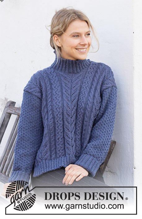 Cool Confidence / DROPS 216-25 - Strikket genser i DROPS Merino Extra Fine. Arbeidet strikkes med fletter, hullmønster, strukturmønster og høy hals. Størrelse S - XXXL.