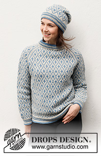 Fjord Mosaic / DROPS 216-28 - Strikket genser og lue i DROPS Lima. Genseren strikkes ovenfra og ned med dobbel halskant, raglan og nordisk mønster. Luen strikkes med nordisk mønster. Størrelse S - XXXL.