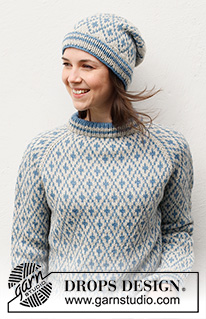Fjord Mosaic / DROPS 216-28 - Strikket genser og lue i DROPS Lima. Genseren strikkes ovenfra og ned med dobbel halskant, raglan og nordisk mønster. Luen strikkes med nordisk mønster. Størrelse S - XXXL.