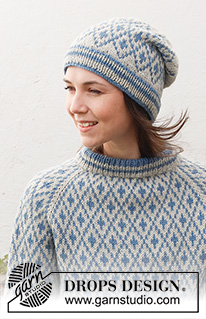 Fjord Mosaic / DROPS 216-28 - Strikket genser og lue i DROPS Lima. Genseren strikkes ovenfra og ned med dobbel halskant, raglan og nordisk mønster. Luen strikkes med nordisk mønster. Størrelse S - XXXL.